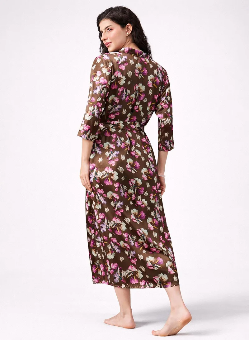 Clovia Purple Long Nighty & Robe Set in Wine Colour - Satin for Women | Best Price UAE